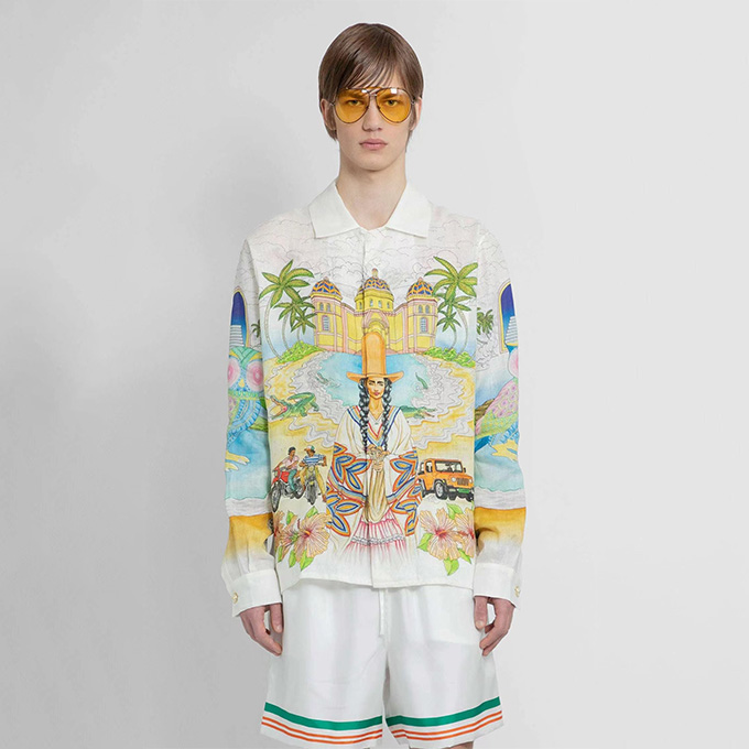 casablanca owl landscape print linen long sleeve shirt
